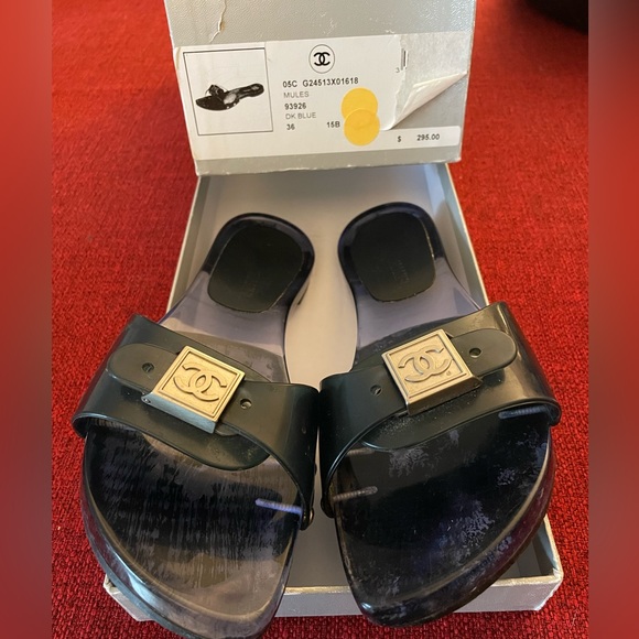 Authentic Chanel Navy Blue Mules Slide On Sandals 6 with Buckle - Picture 2 of 7